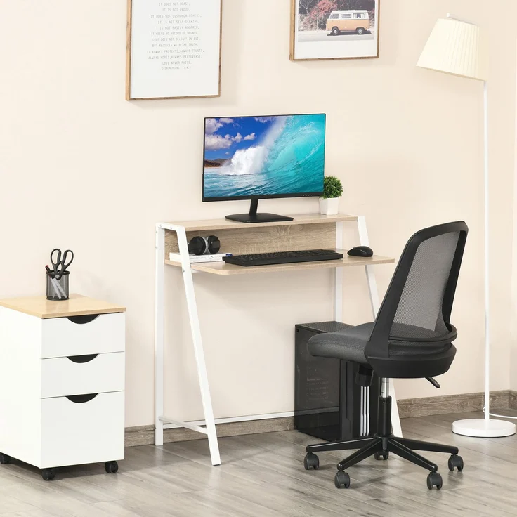 MELAYR, Schreibtisch, Computertisch mit Ablage und Kabel Management, 84 x 45 x 85 cm, Weiß+Eiche – Bild 4