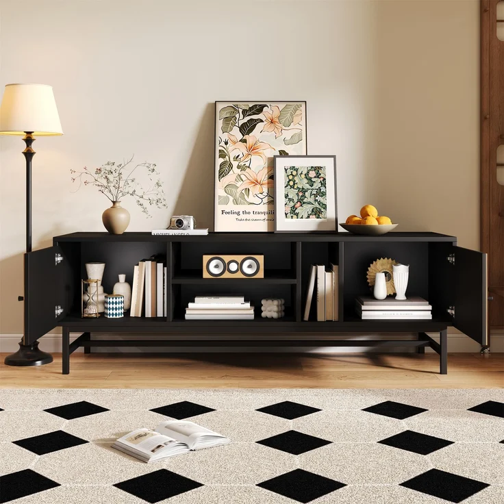 TV Schrank Schwarz Holzoptik 150x38 cm mit 2 Türen und offenen Fächern Metallbeine Sideboard Medienregal für Wohnzimmer – Bild 6