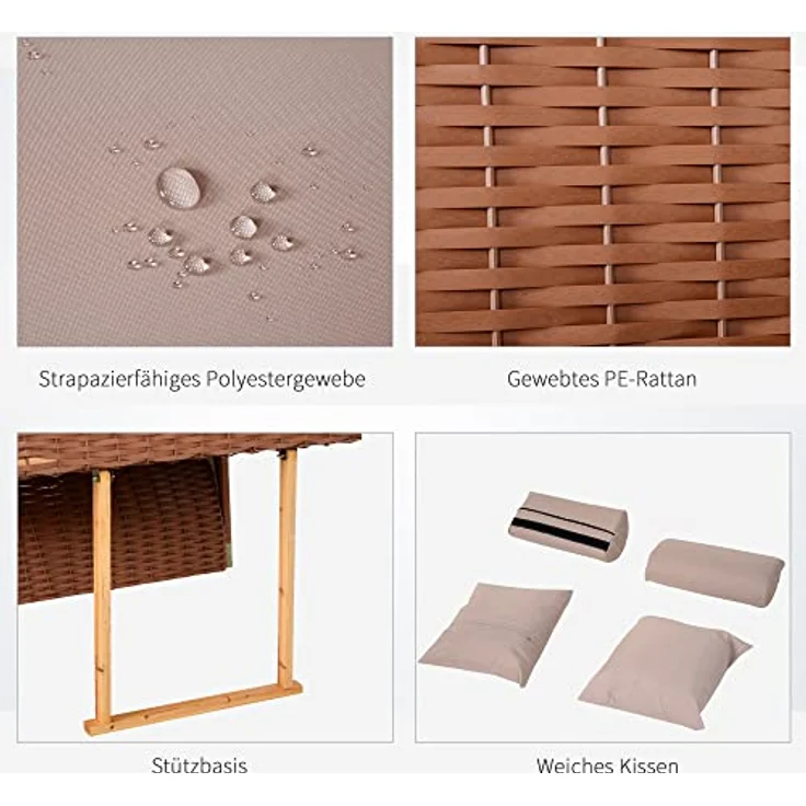 Outsunny Strandkorb Volllieger Gartenliege mit Klapptischen, verstellbarer Rückenlehne und Fußstützen, PE Rattan Beige 118 x 79 x 50 cm – Bild 6