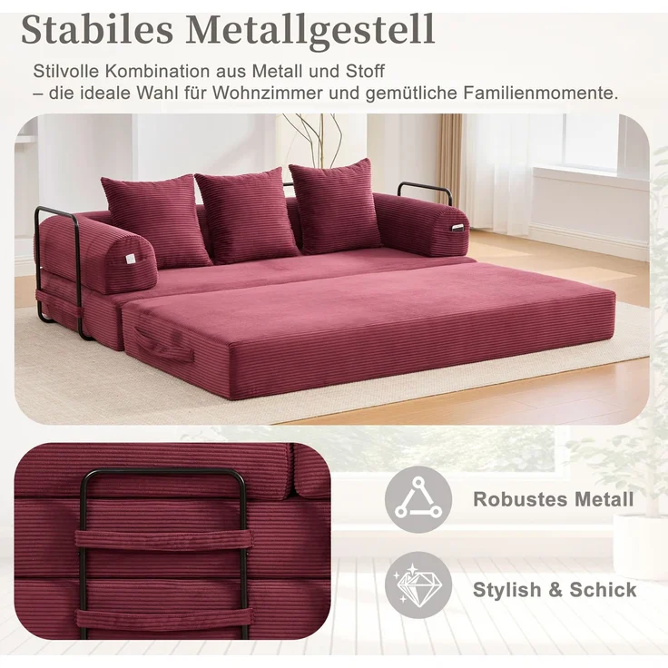 LVHOM Schlafsofa 3 Sitzer, Klappsofa mit Schlaffunktion, Bodensofa, Polstersofa aus CordStoff, Schlafcouch dauerschläfer, frei Kombination, 200x94x67 cm, Weinrot – Bild 9