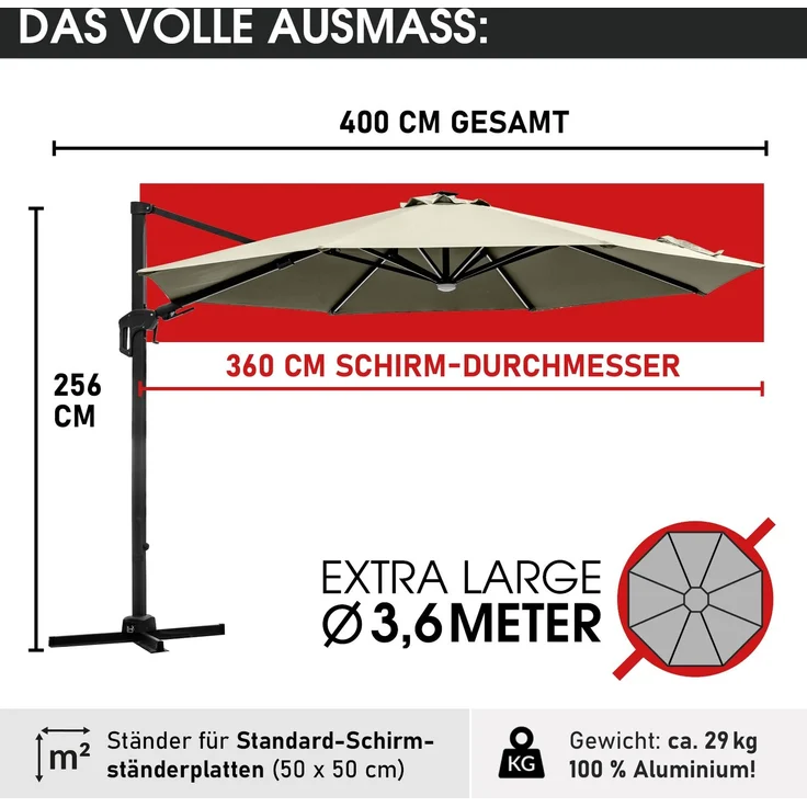 BRAST Alu Sonnenschirm Ampelschirm Ø360cm Beige + LEDs Windsicherung & Schützhülle UV-Schutz 80+ wasserabweisend mit Kurbelvorrichtung drehbar schwenkbar & höhenverstellbar – Bild 2