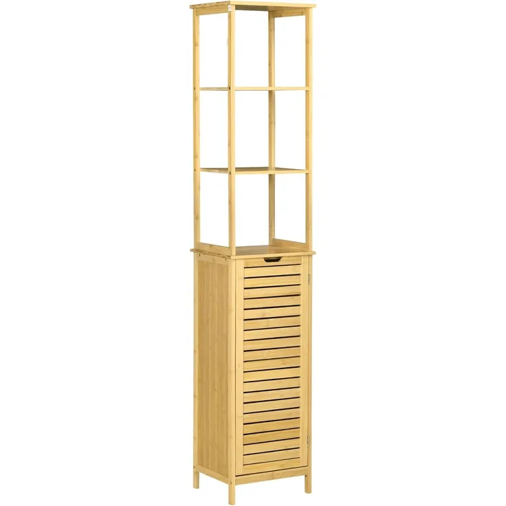 Kleankin Badkommode Badschrank mit 3 offenen Fächer und 1 Schrank (Badmöbel, 1 St, Badezimmerschrank), Natur 34 x 30 x 173 cm