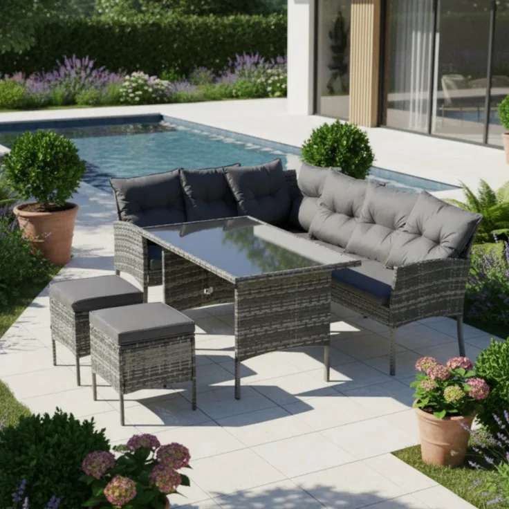 Merax Rattan Gartenmöbel Set 7 Personen, Terassenmöbel Balkonmöbel Set 4-tlg mit Kissen, Gartenlounge Set Loungemöbel Gartengarnitur Sitzgruppe, Grau