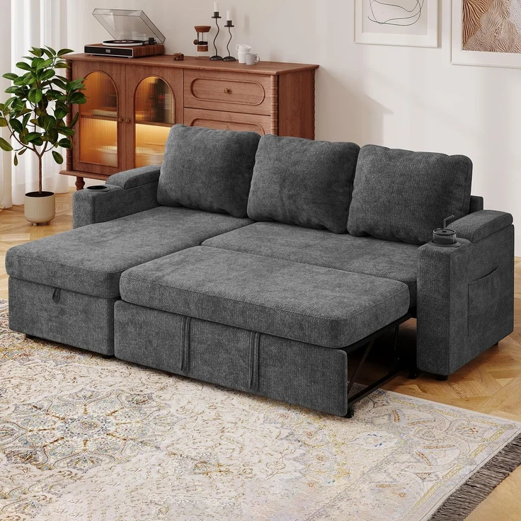 JUMMICO Schlafsofa mit Schlaffunktion 3-Sitzer mit Stauraum,Grey | Schlafsofa mit Bettkasten L‑Form Ecksofa Ausziehbares Chenille Schlafcouch Kleines für Wohnung und Wohnzimmer