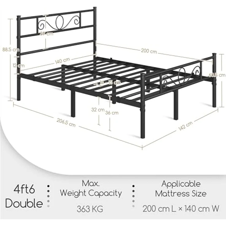 Yaheetech Bettrahmen Metallbett Bettgestell aus Metall, Doppelbett für 140x200 cm Matratze, Gästebett für kleine Räume, Schwarz – Bild 3