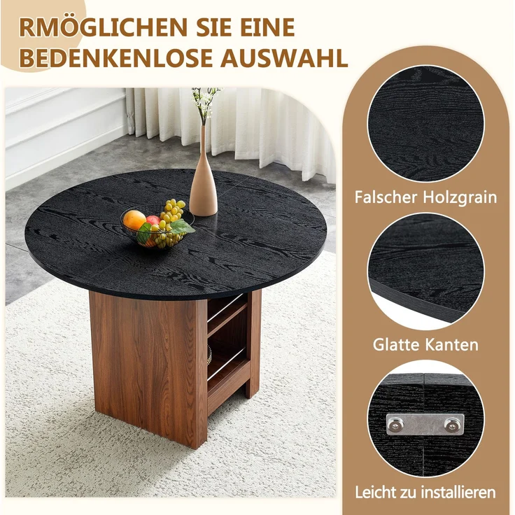 Esstisch 100x100x76 cm in Walnuss-Optik mit schwarzer Strukturplatte und offenen Stauraumfächern – Bild 7
