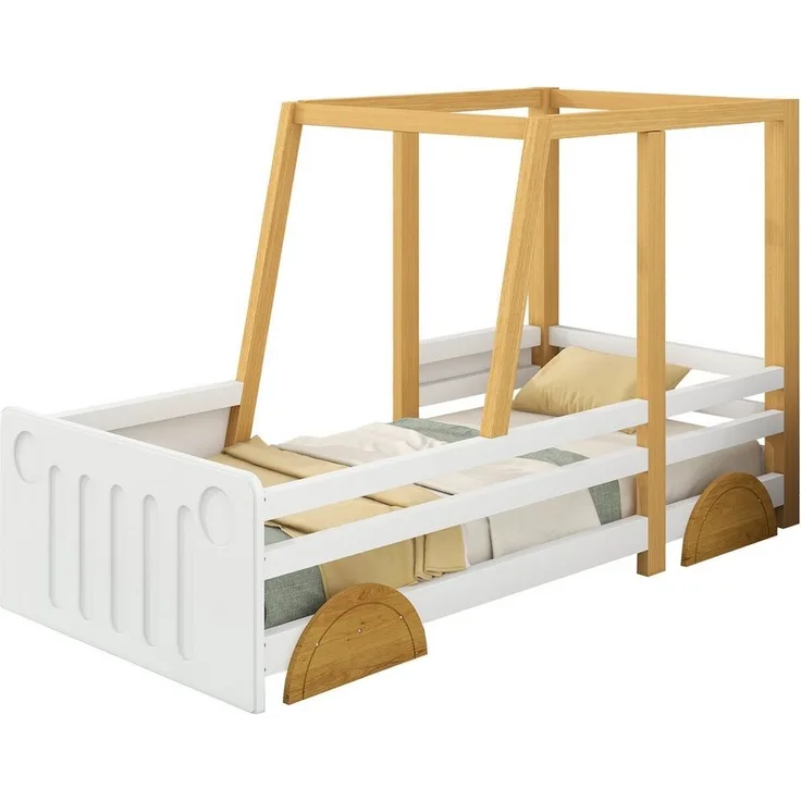 TavilaEcon Autobett Jeep-Bett Kinderbett Einzelbett mit MDF-Rädern, Rahmen aus Kiefer, Weiß+Natur, 90x200 cm