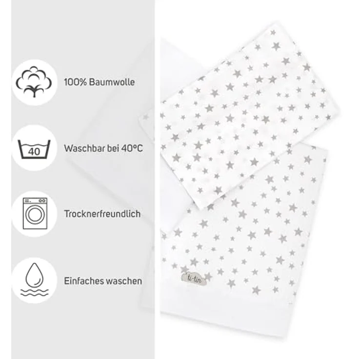 Ti TIN 3-teiliges Bett-Set Bettbezug für Babybett, 50x80 cm | Bettdeckenbezug+ Spannbettlaken mit Gummizug + Kissenbezug 100% Baumwoll-Popeline für Kinderbett, Sternchen-Motiv, grau – Bild 5