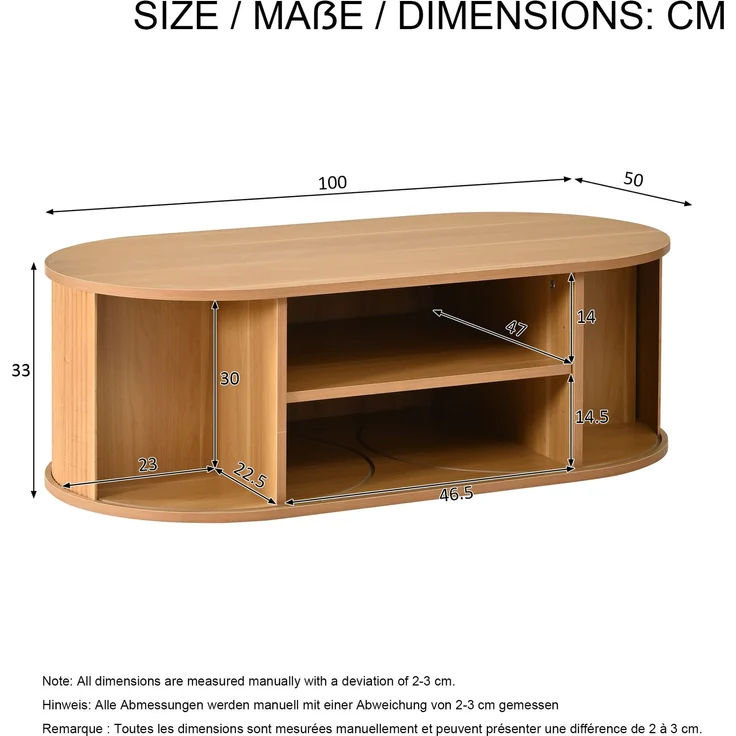 Couchtisch 100 x 50 x 33 cm, mit ovaler Tischplatte, mit verdeckt liegendem Stauraum, aus MDF und Spanplatte, Naturfarben – Bild 6