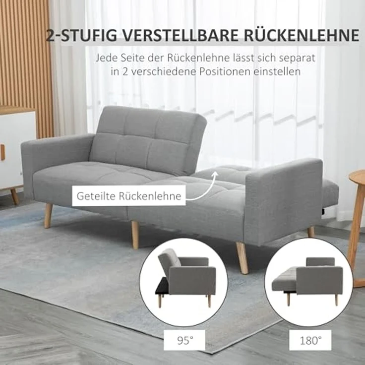 HOMCOM 2 in 1 Schlafsofa 205 x 88 cm Sofa mit Bettfunktion, Couch Leinenoptik, Verstellbarer Rückenlehne für Wohnzimmer, Schlafzimmer, Grau – Bild 5