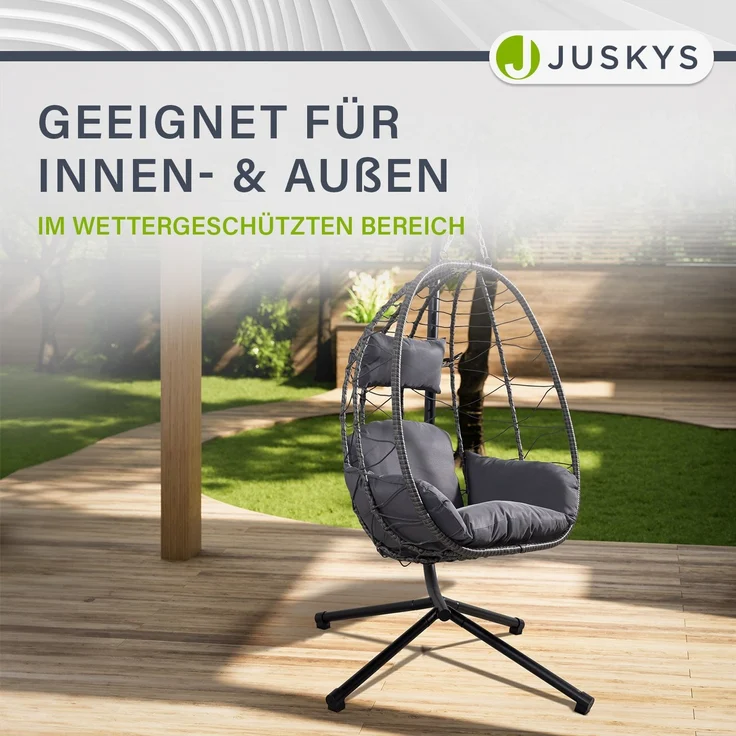 Juskys 'Aria' Hängesessel mit Kissen, höhenverstellbar & faltbar, Polyrattan dunkelgrau, bis 130 kg belastbar – Bild 8