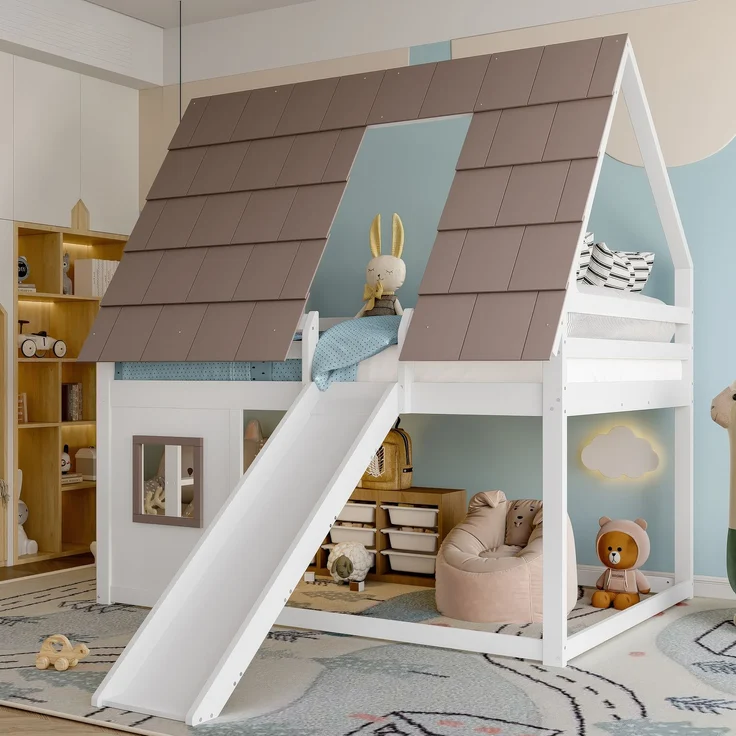 Holzhaus-Etagenbett 140x200 cm mit Dach, Leiter und Rutsche, Haus-Design, Weiß+Braun – Bild 2