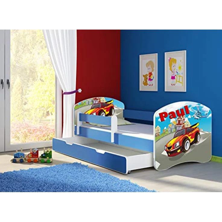 ACMA Kinderbett Jugendbett mit Einer Schublade und Matratze Blau mit Rausfallschutz Lattenrost II 140x70 160x80 180x80 (03 Racing Car, 140x70 + Bettkasten) – Bild 5