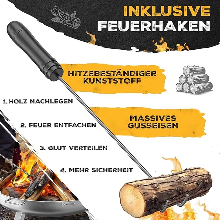 KESSER® Feuerschale mit 2,5 mm Stahldicke, aus Edelstahl / Stahl, inklusive 42cm Feuerhaken aus Gusseisen, Wasserablauf & 2 stabile Griffe, für Holz & Kohle, Ø 60 cm – Bild 4