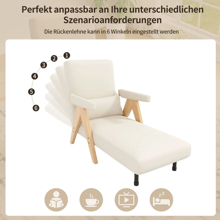 Sessel Leinen 3-in-1 verstellbar, 87 x 60 x 64 cm – Relaxsessel mit 6-stufiger Rückenlehne & Massivholzfüßen,Beige & Natur – Bild 5