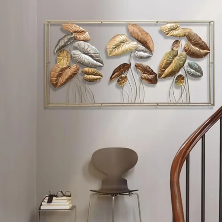 3D Wandbild "Blätter" aus Metall in gold / silber / bronze, 135x69 cm, Wanddeko, Wandschmuck – Bild 4