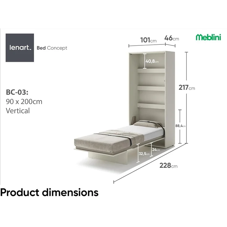MEBLINI Schrankbett Bed Concept - BC-03 - 90x200cm Vertikal - Kaschmir - Wandbett mit Lattenrost - Klappbett mit Schrank - Wandklappbett - Murphy Bed - Bettschrank – Bild 3