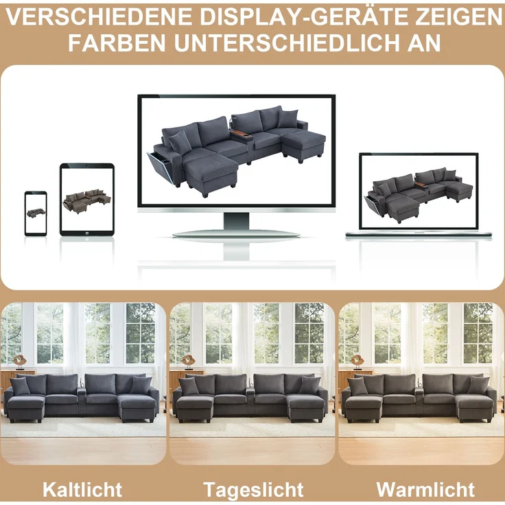 U-förmiges Sofa 334x128,5x81 cm in Grau, Cord, mit USB/Type-C, Leselampe, Stauraum und LED-Armlehnen – Bild 7