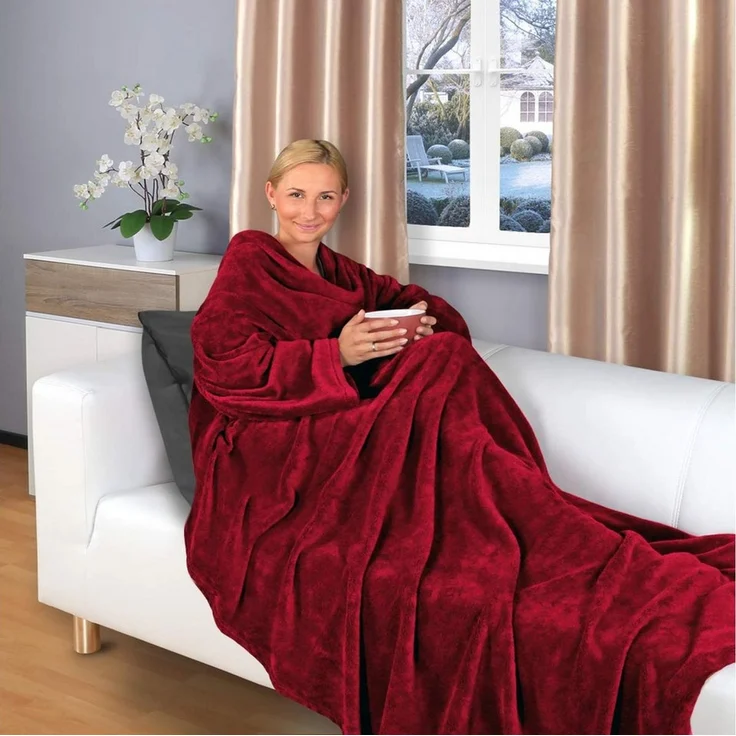 Wohndecke flauschige, tragbare Kuscheldecke mit Ärmeln und Fußtasche, Gräfenstayn, warme Ärmeldecke - TV Decke zum Anziehen - 180x150cm bordeaux – Bild 1