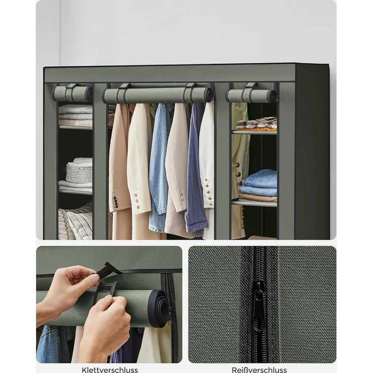 Songmics Kleiderschrank, Stoffschrank, mit Überzug aus Vliesstoff, Faltschrank mit Kleiderstange, 45 x 150 x 175 cm, 12 Ablagen, Metallrahmen, Schrank fürs Schlafzimmer, salbeigrün LSF003C02 – Bild 8