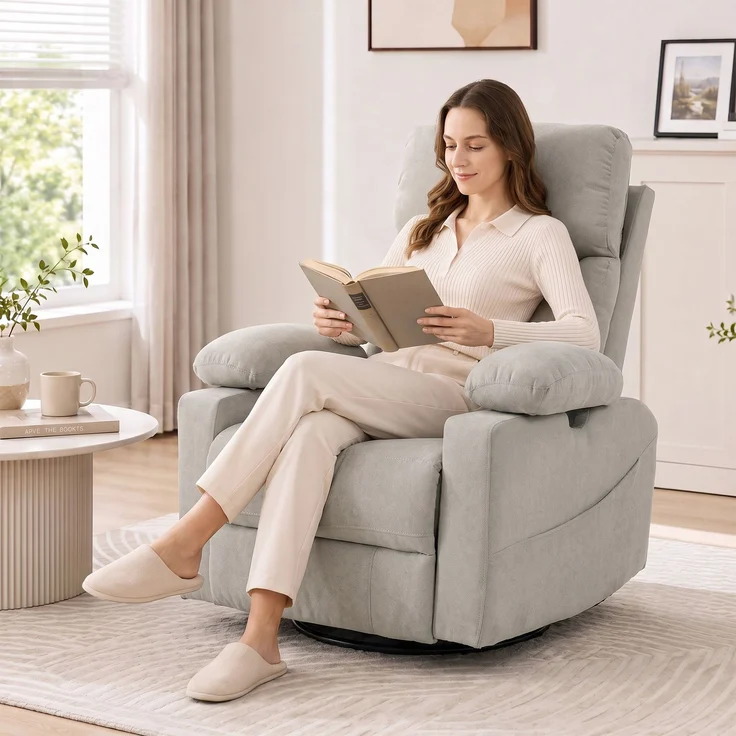 Wohnora-Elektrischer Relaxsessel mit Dreh- und Schaukelfunktion, Massage & Wärme, 3D-Armlehnen, USB-C/USB-Anschlüssen, Hellgrau,H 1100cm x T 950cm x B 920cm – Bild 3