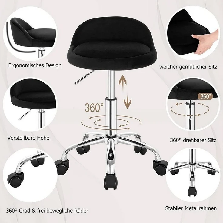 WOLTU Bürohocker mit Rollen, Drehhocker höhenverstellbar, Rollrocker mit niedriger Rückenlehne, Arbeitshocker Schwarz, Sitzhöhe 43-54,5 cm BS127sz – Bild 3