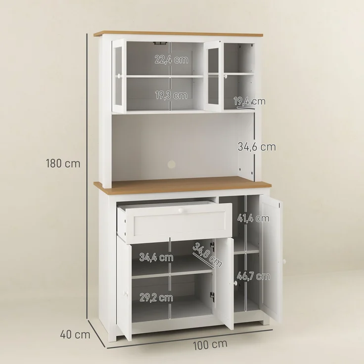 MELAYR, Küchenschrank im Landhausstil, 1 Vitrine, 1 offenes Regal, 1 Schublade, 2 Schränke, 100 x 40 x 180 cm, Weiß – Bild 5