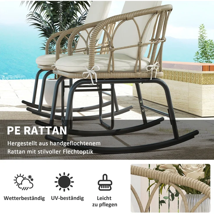 Schaukelstuhl-Set 63 x 82 x 75 cm mit Tisch – 3-teilig aus PE-Rattan, Stahlrahmen und Glasplatte – Bild 3