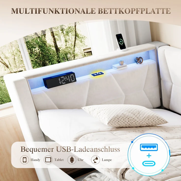 LVHOM Einzelbett 90x200 cm mit Stauraum, Polsterbett mit LED, USB und Type-C, Jugendbett, Hydraulischem Bettgestell, Samt, Beige – Bild 5