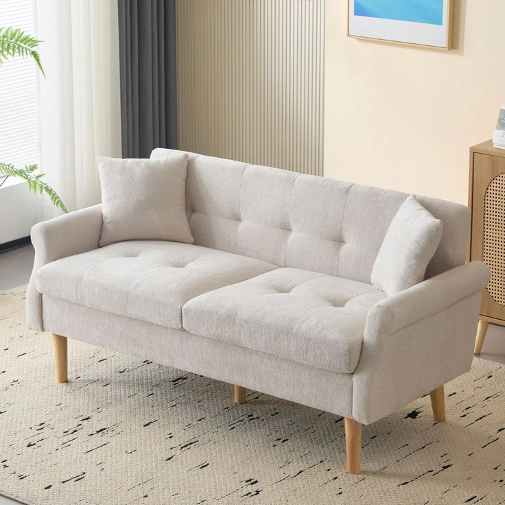 Sofa aus Chenille 2-Sitzer mit Massivholzfüßen, ergonomischem Design & 15 cm dickem Sitzkissen,Beige – Bild 1