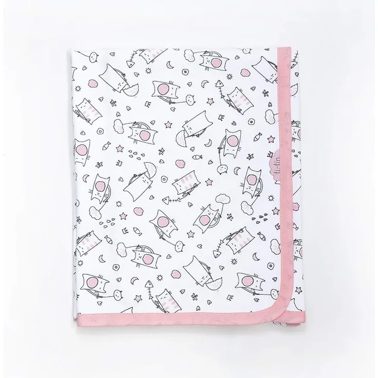 Ti TIN | weiche, saugfähige Babydecke, 80x75 cm | Krabbeldecke aus 100% Baumwolle mit doppellagigen Stoff, Babydecke fürs Auto, Wiege, Kinderwagen, Babyschale, etc, Katzen-Motiv, rosa