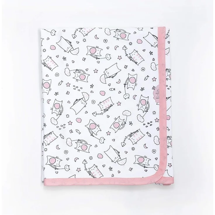 Ti TIN | weiche, saugfähige Babydecke, 80x75 cm | Krabbeldecke aus 100% Baumwolle mit doppellagigen Stoff, Babydecke fürs Auto, Wiege, Kinderwagen, Babyschale, etc, Katzen-Motiv, rosa