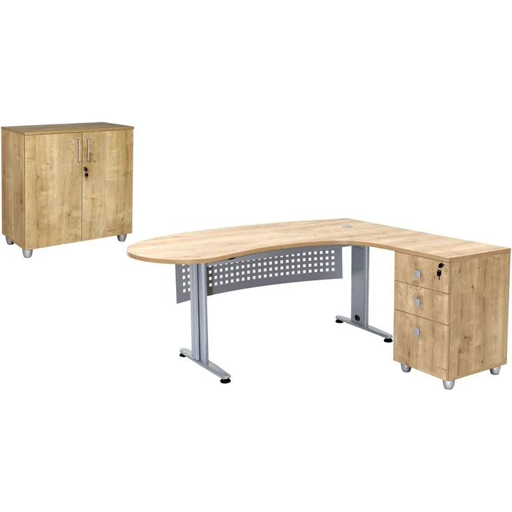 Schreibtisch Set 2 GELA, Saphir Eiche Dekor, rechts gewinkelt, inkl. Schreibtisch, Beistellcontainer 3 Schübe, Aktenschrank