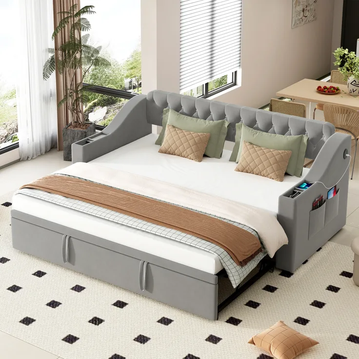 Schlafsofa Polsterbett, 2-Sitzer auf 90/180 x 190 cm erweiterbar, mit breiten und dicken Armlehnen, USB-Ladeanschluss, integrierte Ablage in Armlehnen, Ablagetaschen, mit Lattenrost, Samtstoff, grau, 90/180 x 190 cm