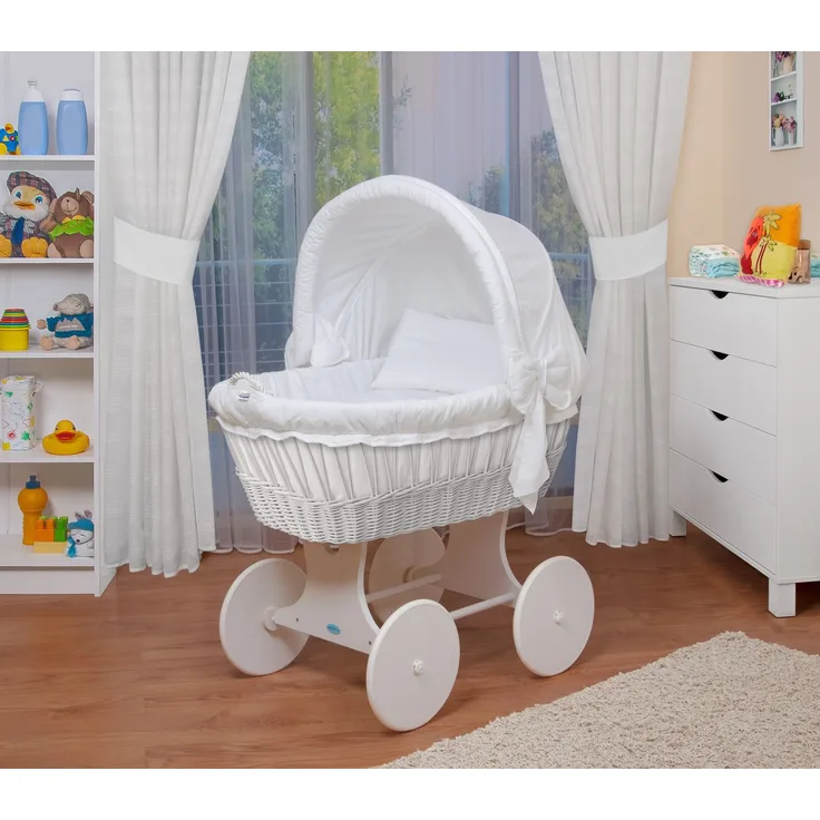 WALDIN Stubenwagen-Set mit Ausstattung, Gestell/Räder weiß lackiert, Ausstattung weiß