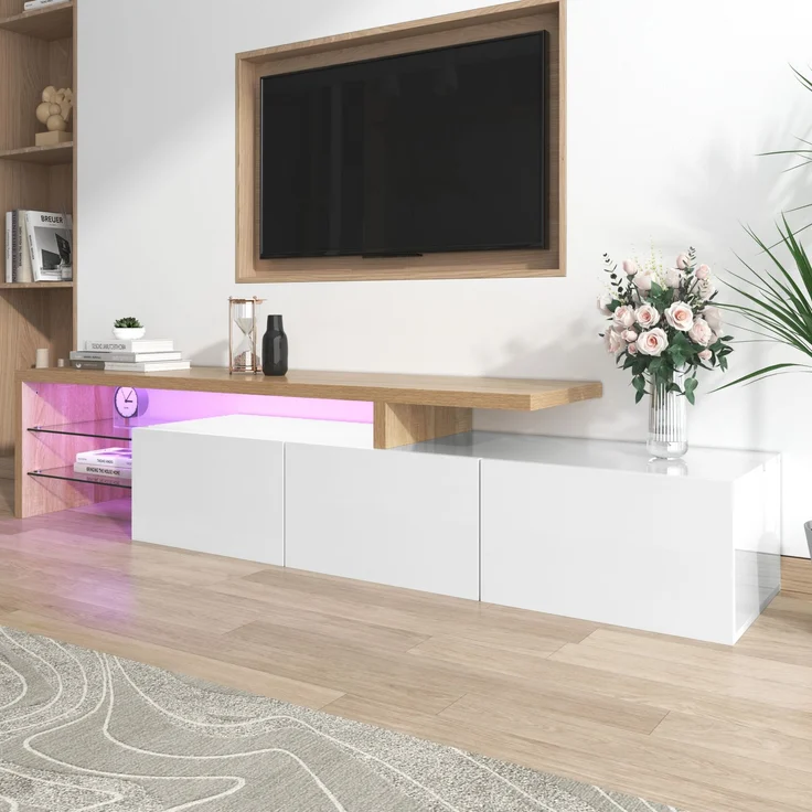 TV-Schrank 197,5 cm Weiß Hochglanz Holzoptik mit LED Beleuchtung, Lowboard mit Stauraum und Glasböden – Bild 9
