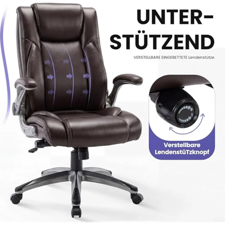 MALOL Ergonomischer Bürostuhl, Schreibtischstuhl aus Kunstleder mit elegantem Design, aufblasbarer Lendenstütze, Federkern-Sitzkissen, klappbaren Armlehnen, für Büro & Homeoffice, Braun – Bild 6