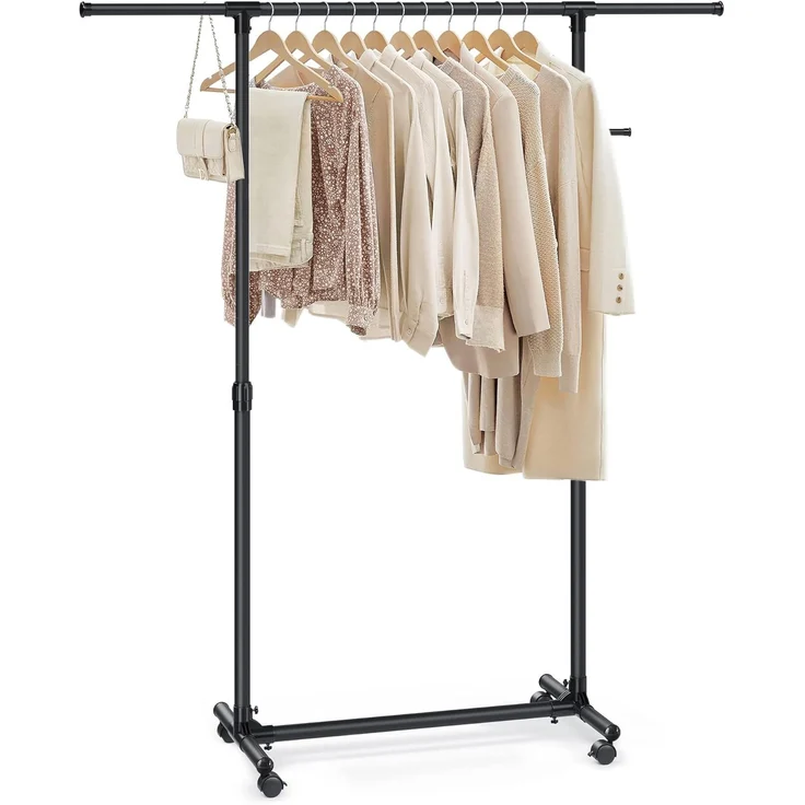 SONGMICS Kleiderständer auf Rollen, Kleiderstange, höhenverstellbar zwischen 97 und 165 cm, ausziehbare Garderobenstange, Garderobenständer, seitliche Haken für Accessoires, schwarz LLR001B01 – Bild 1