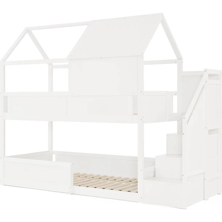 Etagenbett 80×200 cm mit Rausfallschutz und Treppe, Massivholz, Weiß, ohne Matratze – Bild 10