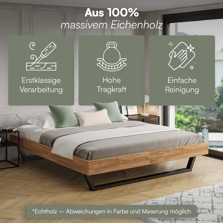 skølm 'Alver' Bett 180x200 cm, Bettgestell, natur geölt, Massivholzbett aus Eiche mit Metallkufen, Doppelbett ohne Bettkopf – Bild 3