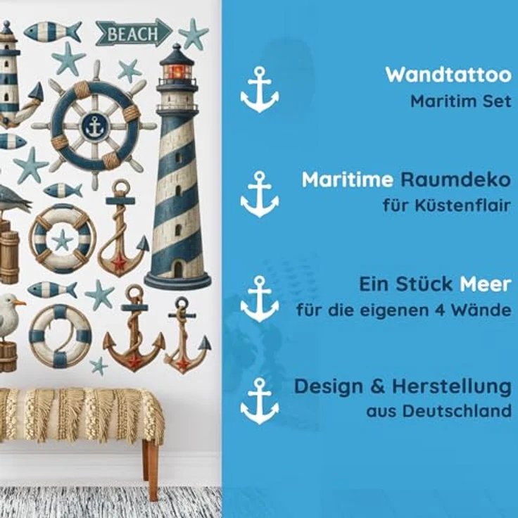 Sunnywall Wandtattoo Aufkleber Maritim Set – Leuchtturm, Möwen, Anker & Seesterne, selbstklebend, konturgeschnitten, rückstandslos entfernbar – Bild 6