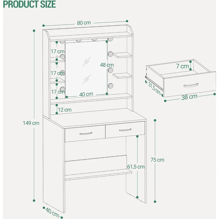 Schminktisch mit Spiegel, Schminktisch mit Ablageflächen und 2 Schubladen, für Schlafzimmer, Wohnzimmer, Verstellbare Helligkeit, 40 x 80 x 149 cm, Weiß – Bild 7