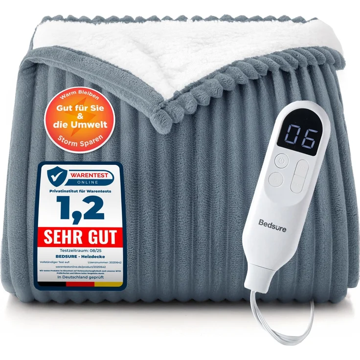 BEDSURE Heizdecke Elektrische Kuscheldecke - 200x180 cm, Gestreift Grau | mit Abschaltautomatik, 6 Heizstufen & 10 Stunden Timer, bis zu 8 Stunden Überhitzungsschutz für Home & Office
