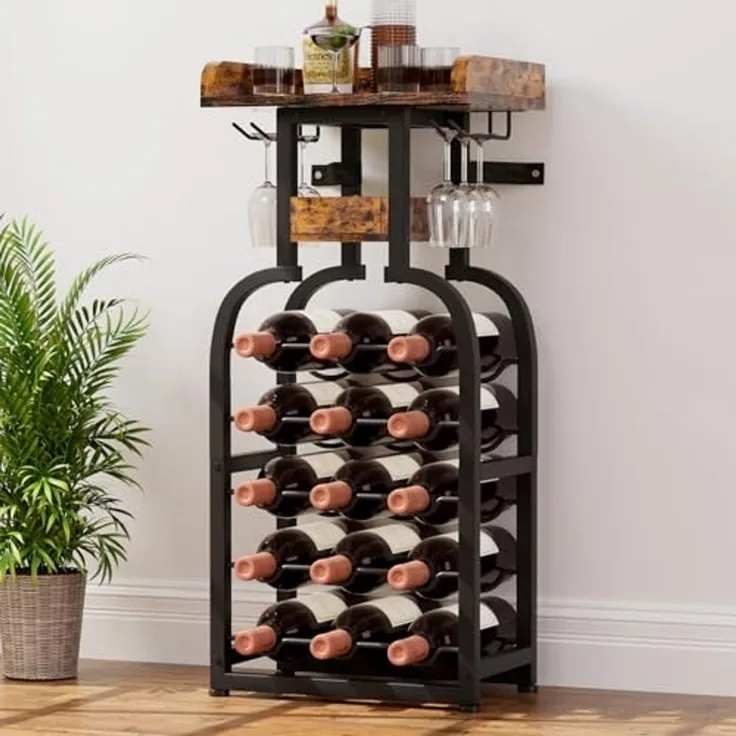 Yorbay Weinregal Vintage Design,Weinständer aus Holz für 15 Flaschen & 6 Gläser, Elegantes Weinregal für Küche, Wohnzimmer oder als Geschenk