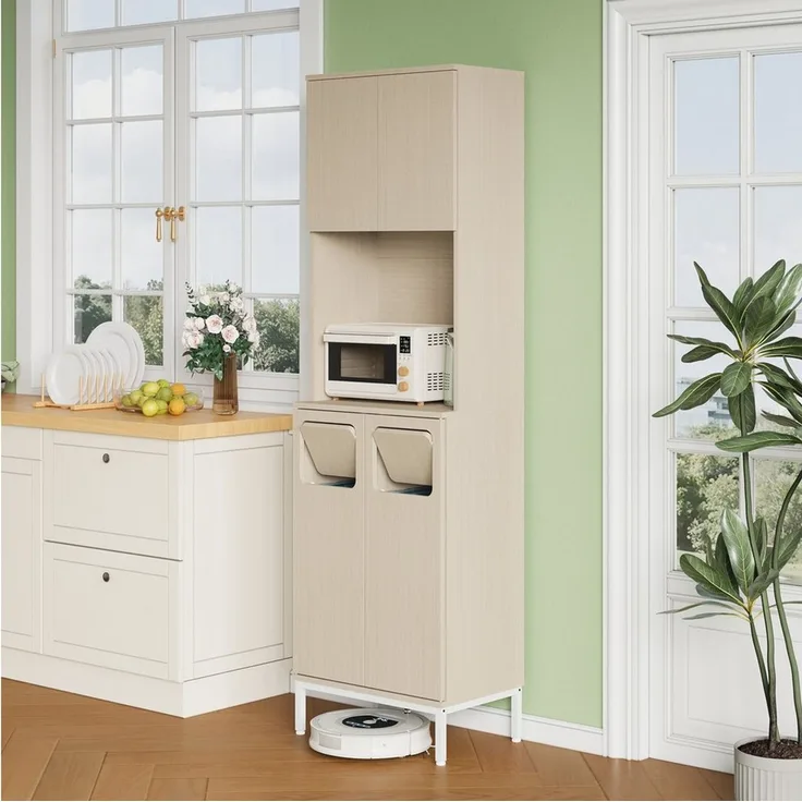 MODFU Küchenbuffet Integriertes Mikrowellenfach & Mülltrennung, verstellbare Böden (Packung, 1-St, 181 cm hoher Müllsammelschrank in Weiß/Holzoptik, 53x35 cm) Vielseitiger Vorratsschrank für Haushaltsgeräte & Abfallsysteme