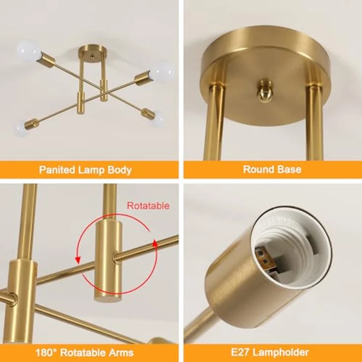 Goeco Vintage Deckenleuchte Kronleuchter E27 Fassung Max. 60W Industrielle 4 Fimmig Gold Deckenlampe Durchmesser 71 cm, Deckenlampen für Wohnzimmer Schlafzimmer Esszimmer, Glühbirnen Nicht Inbegriffen – Bild 5