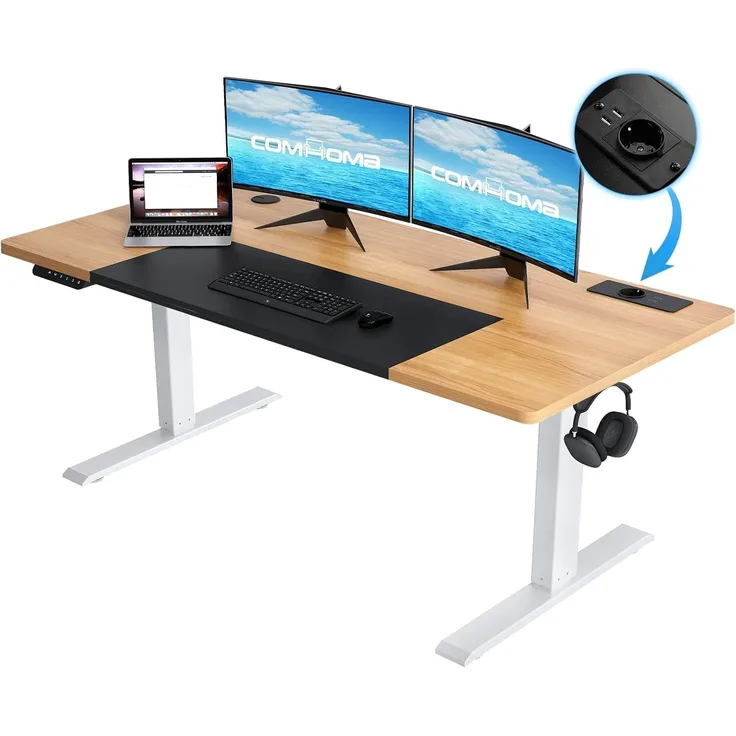 COMHOMA Höhenverstellbarer Schreibtisch 140x60 cm mit USB-Buchse und Haken, Elektrisch Verstellbarer Computertisch, Steh-Sitztisch Stehpult Stehschreibtisch braun
