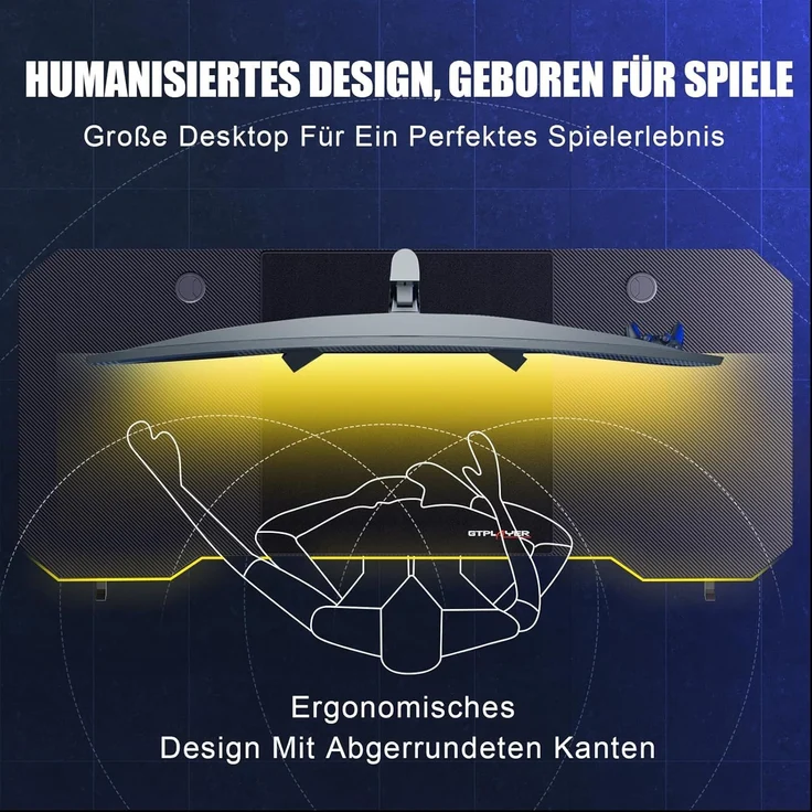 GTPLAYER Schreibtisch Gaming Tisch Schreibtisch mit Mauspad PC Tisch Kohlefaseroberfläche, Stabiler Computertisch mit Kopfhörerhaken, Schwarz – Bild 9