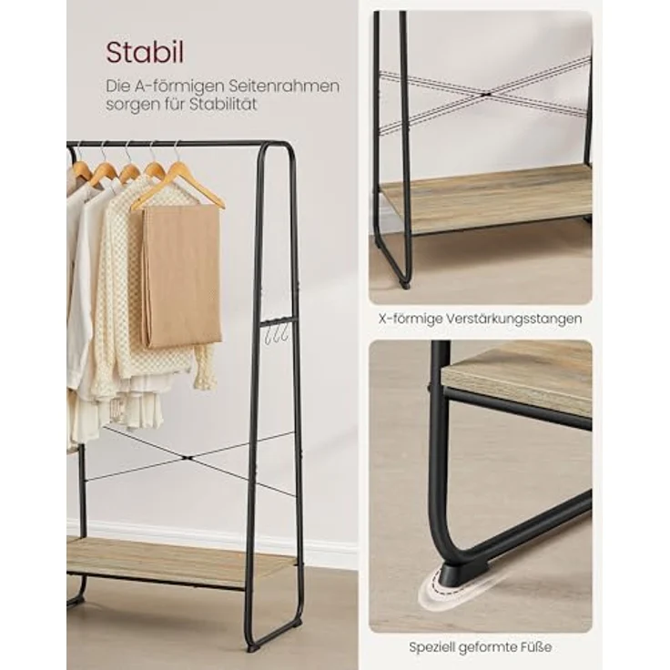 VASAGLE Kleiderständer, Garderobenständer, 45 x 120 x 160 cm Garderobe, Kleiderstange, Schuhablage, offener Kleiderschrank, 6 Haken abnehmbar, Schlafzimmer Flur, türkisbraun-Mattschwarz RGR116K01 – Bild 4