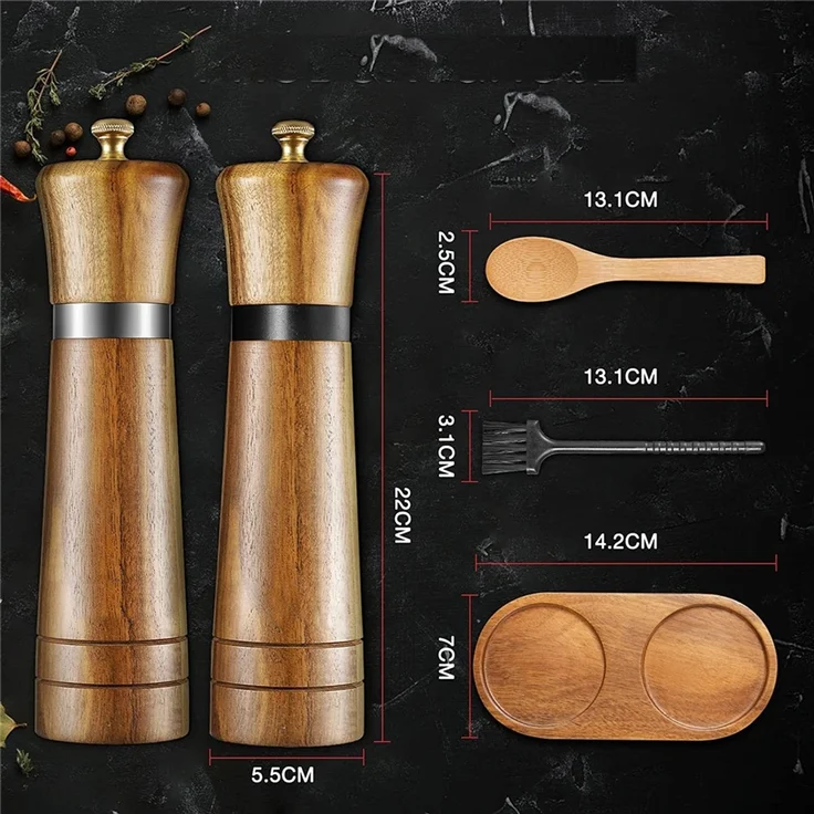 DELIPOP – Salz und Pfeffermühle Holz, 22cm Manuelle Gewürzmühle 2er Set mit verstellbarem Keramikmahlwerk und untersetzer - 5,5x5,5x22cm - Braun – Bild 2